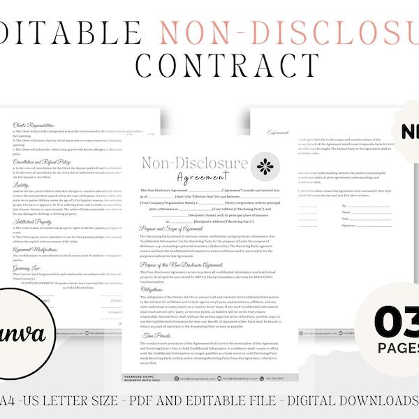 Editable Non disclosure agreement template, Confidential disclosure agreement, Non disclosure template, Non compete template.