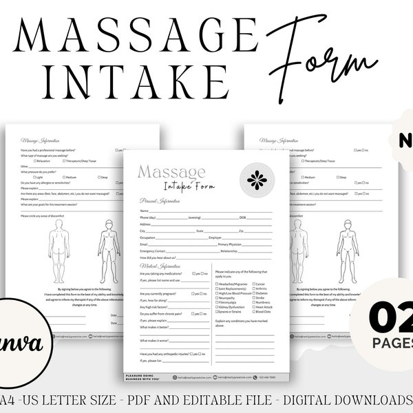 Professionelles Massage Intake Form, Massage Einverständniserklärung, Masseur, Kosmetikerin Forms, Massagetherapie Form, Canva Vorlage PDF