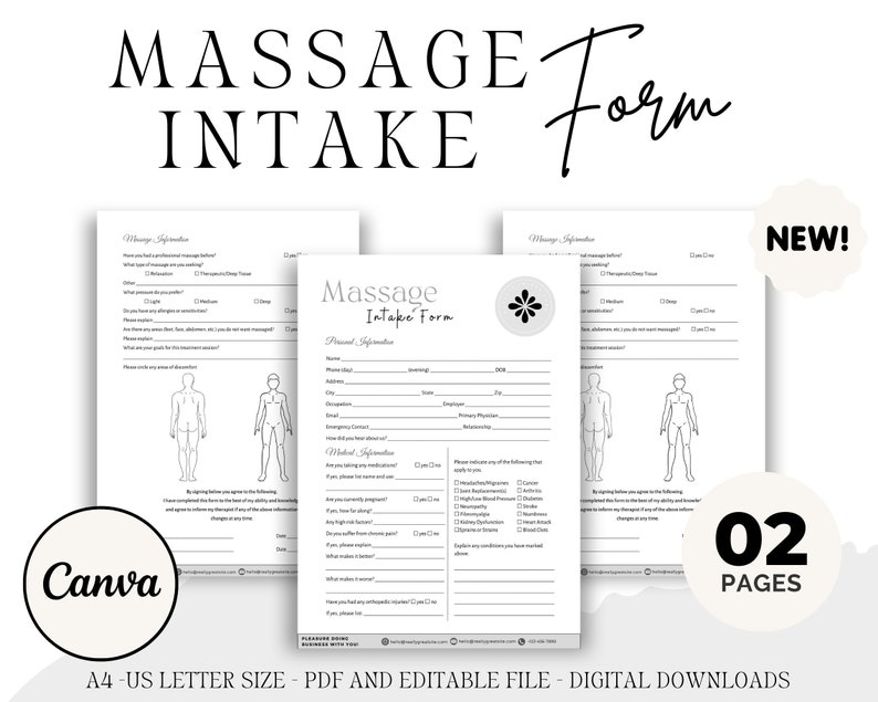 Professional Massage Intake Form, Massage Consent Form, Massage