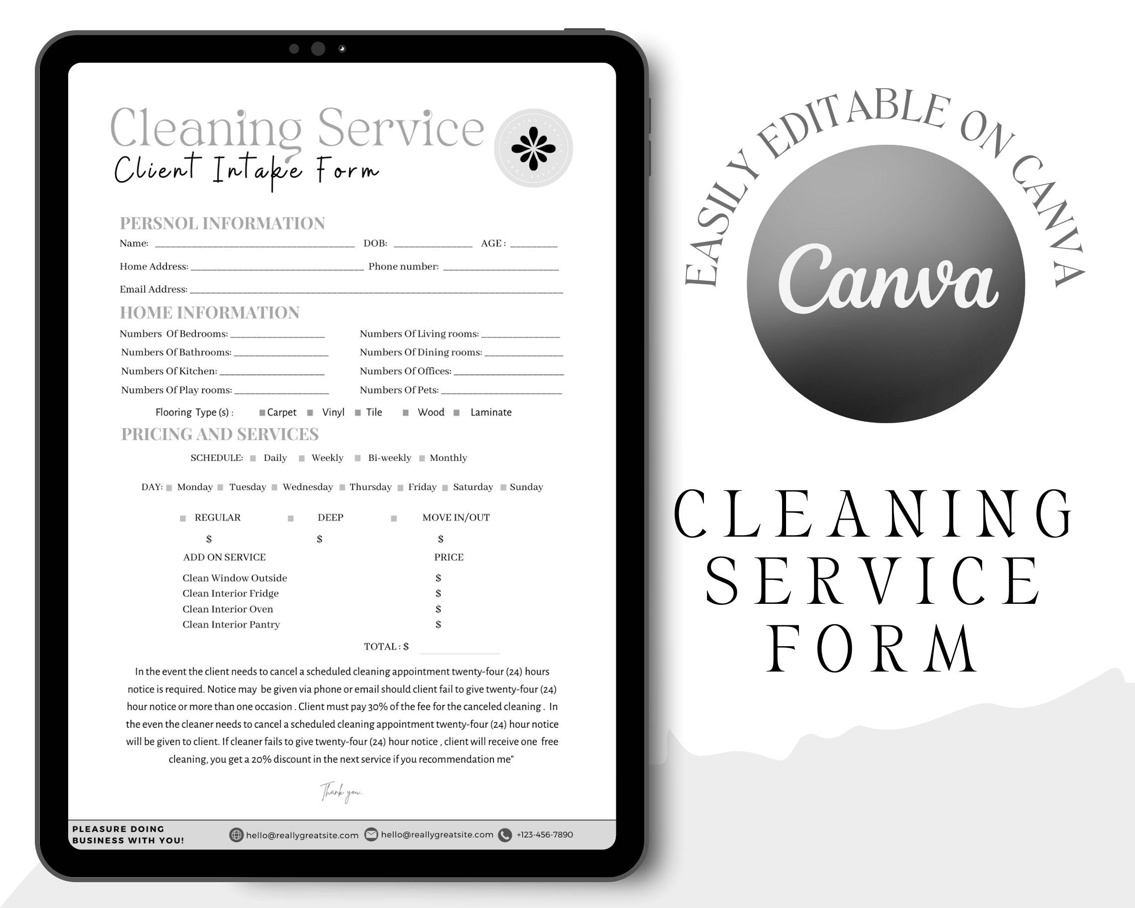 Professional Cleaning Service Intake Form, Editable Cleaning Contract