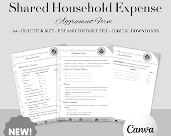 Formulario de acuerdo de gastos compartidos del hogar, contrato de división de gastos entre compañeros de piso, PDF imprimible, plantilla editable para finanzas de vivienda compartida.