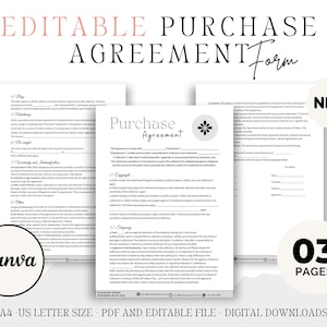 Editable Purchase Agreement Template, Purchase Contract Form, Business Contract, Residential Purchase, Editable Template