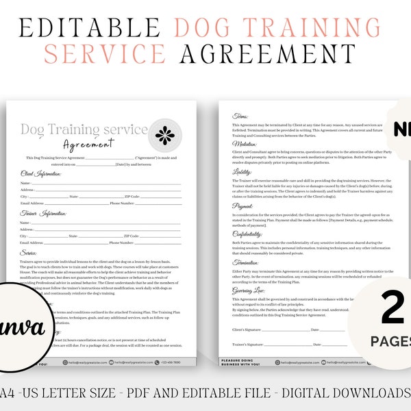 Editable Dog Training Service Agreement, Dog Training Service Contract, Editable Agreement, Editable Contract, Dog Training Form