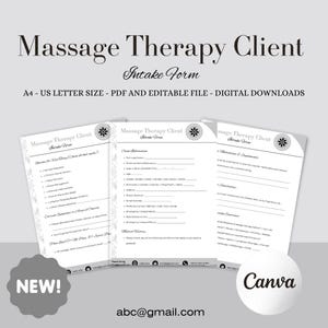 May include: A digital download of a massage therapy client intake form. The form is white with black text and a floral design. The text includes "Massage Therapy Client Intake Form" and "A4 - US Letter Size - PDF and Editable File - Digital Downloads."