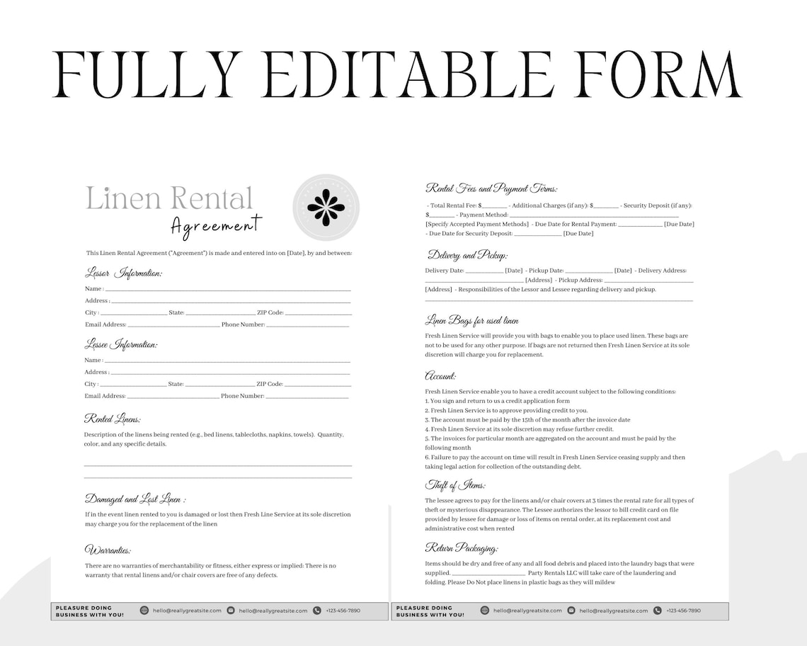 Linen Rental Contract Agreement, Editable Template, Instant Download - Etsy