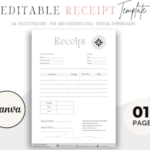 Editable Receipt Template, Small Business Printable & Customizable Receipt Template, Canva
