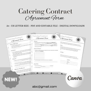 Könnte beinhalten: Eine schwarz-weiße druckbare Catering-Vertragsvorlage. Das Formular enthält Abschnitte für Kundeninformationen, erbrachte Dienstleistungen, Zahlungsdetails und Unterschriften. Der Text "Catering Contract Agreement Form" befindet sich oben auf der Seite.