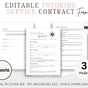 Op de afbeelding: Een digitale download van een bewerkbaar contractformulier voor tutordiensten. Het document is wit met zwarte tekst en een bloemenontwerp. De woorden "Editable Tutoring Service Contract Form" staan bovenaan. Het Canva-logo staat linksonder. Het document is 3 pagina's.
