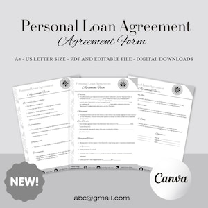Printable Personal Loan Agreement, Editable Personal Loan Contract Template, Canva Template