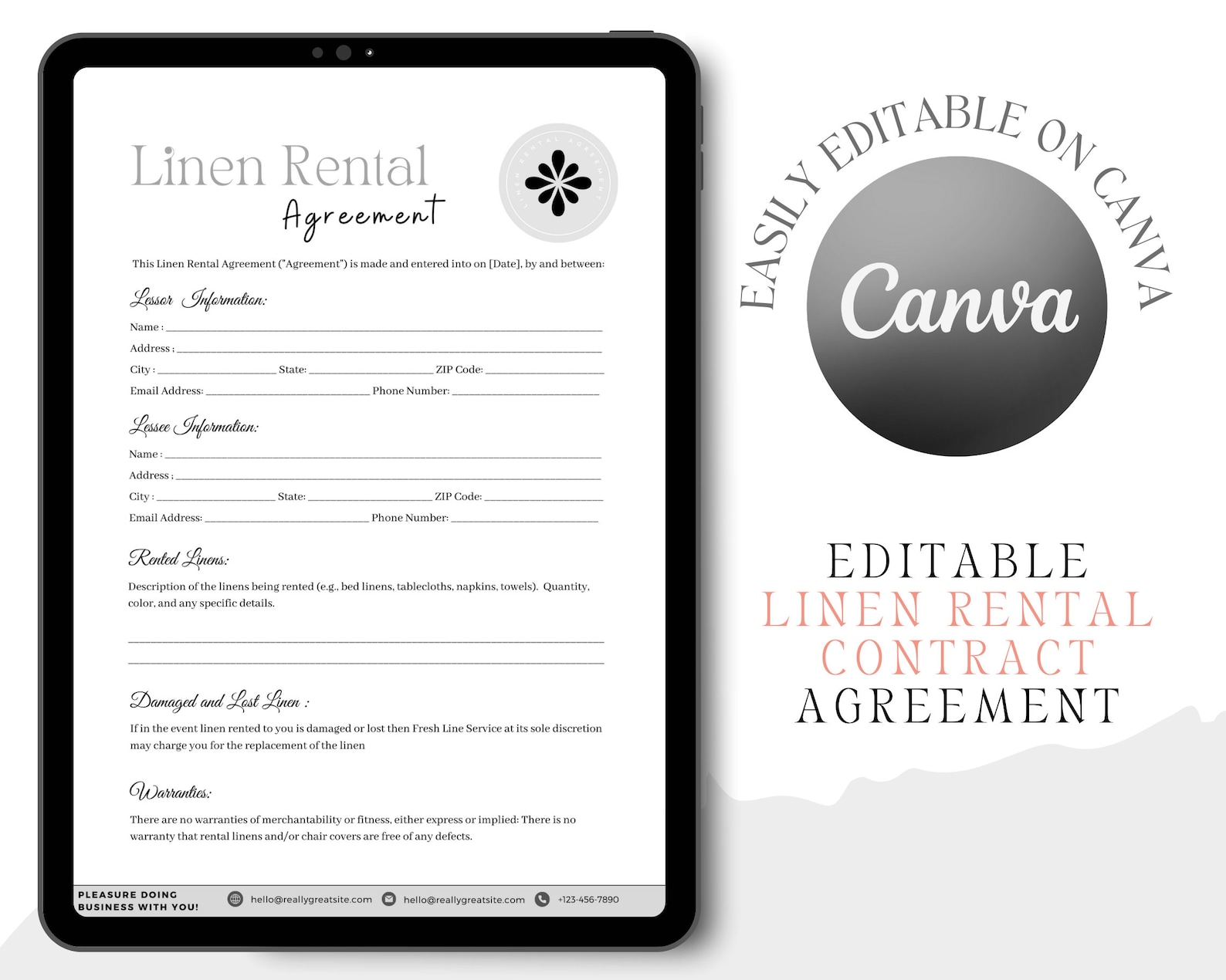 Linen Rental Contract Agreement, Editable Template, Instant Download - Etsy