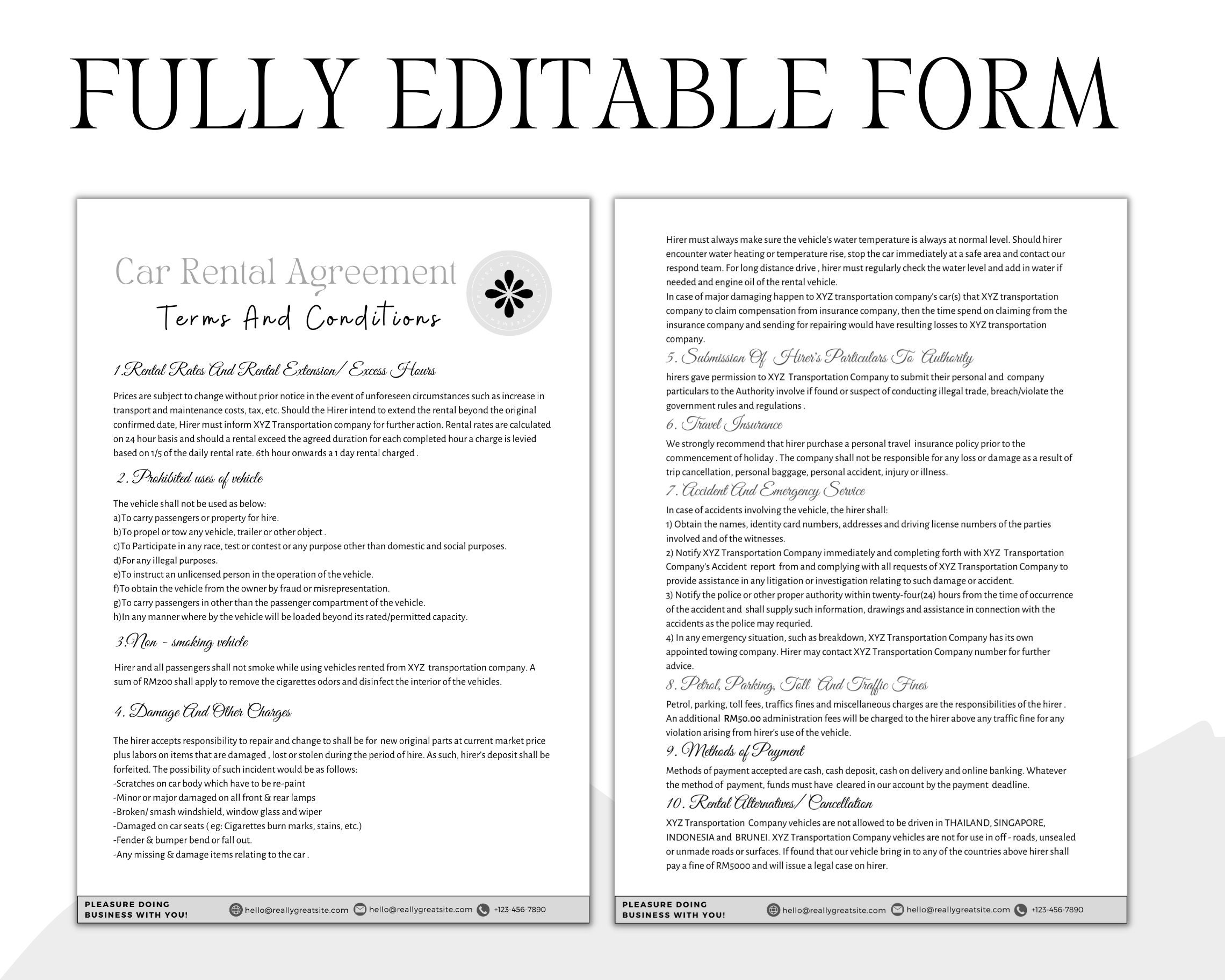 Editable Car Rental Agreement Template, Vehicle Rental Agreement, Car