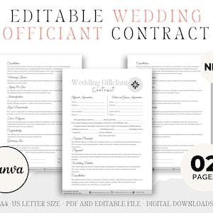 Editable Wedding Officiant Contract, Marriage Officiant, Wedding Planner, Wedding Agreement, Officiant Contract Canva Template