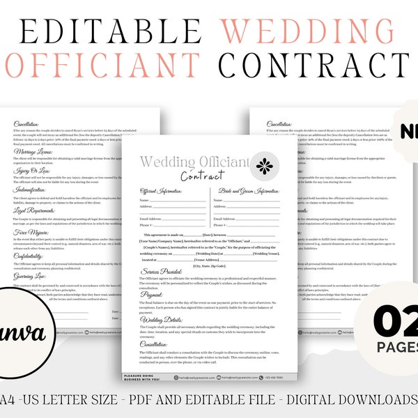Editable Wedding Officiant Contract, Marriage Officiant, Wedding Planner, Wedding Agreement, Officiant Contract Canva Template