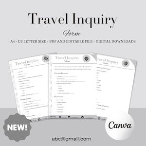 Travel Inquiry Form Canva Template, Editable Travel Agent Client Form, Digital Travel Planner Questionnaire, Instant Download
