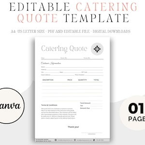 Editable Catering Quote, Cater Quote Form, Cater Menu Checklist, Cater Price List, Cater Order Form, Food Truck Cater Form, Canva Template