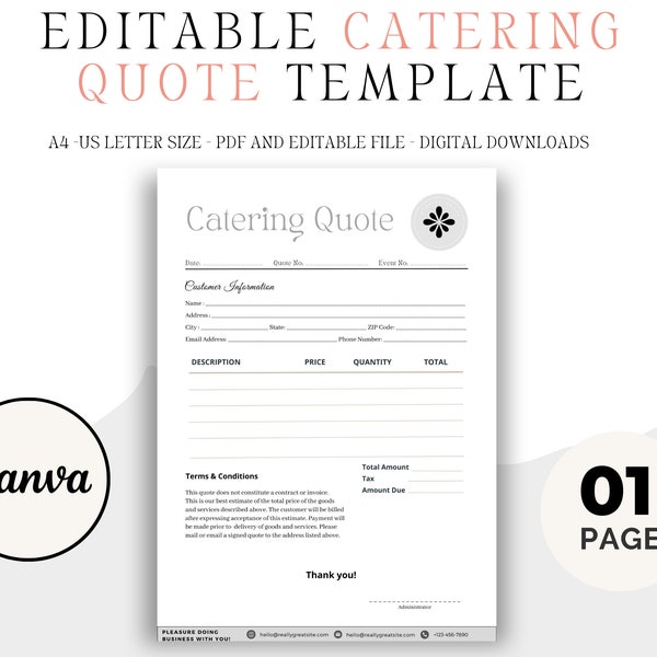 Editable Catering Quote, Cater Quote Form, Cater Menu Checklist, Cater Price List, Cater Order Form, Food Truck Cater Form, Canva Template