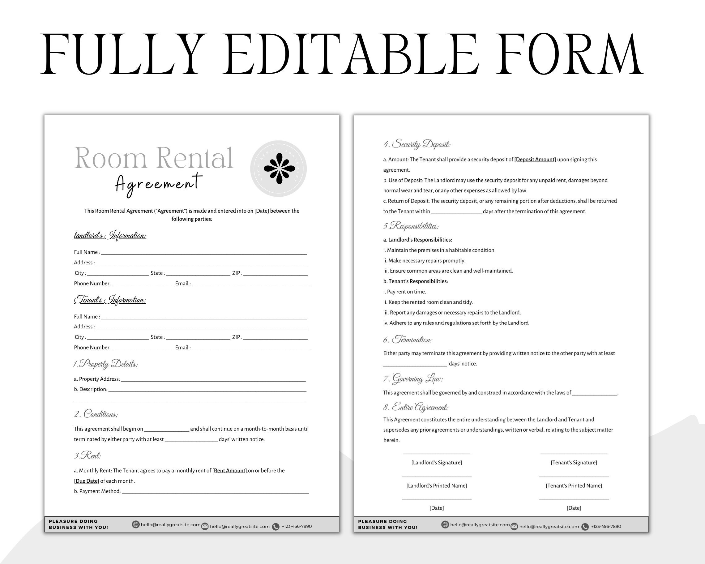 Editable Room Rental Agreement Template Digital Downloads, Contract