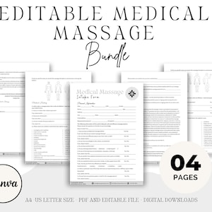 Könnte beinhalten: Editierbarer medizinischer Massage-Aufnahmebogen-Paket. Vier Seiten Formulare mit schwarzem Text auf weißem Papier. Die Formulare beinhalten Abschnitte für Kundeninformationen, Krankengeschichte und Massagepräferenzen.
