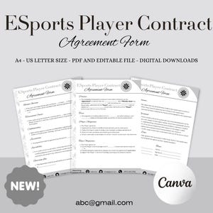 May include: A black and white digital download of an eSports Player Contract Agreement Form. The form is designed for use by professional gamers and teams. The text on the form includes "Stream Sharing", "Confidentiality", "Team Agreement", and "Player Obligations".