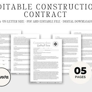Editable Construction Contract Agreement Template, Contractor Contract, General Contractor Agreement, Independent Construction Contract
