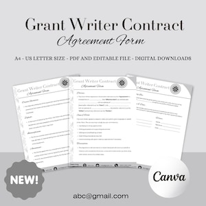 May include: A digital download of a Grant Writer Contract Agreement Form. The document is available in A4 and US Letter sizes, in PDF and editable file formats. The design features a floral motif and the text "Grant Writer Contract Agreement Form".