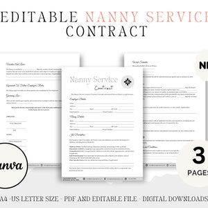Nanny Service Contract, Nanny Service Agreement, Nanny Contract Form, Nanny Babysitter Form, Nanny Legal Form, Editable Contract Template,