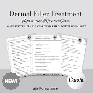 May include: A digital download of a Dermal Filler Treatment Information & Consent Form. The design features a clean layout with text and floral accents. The form is available in A4 and US Letter sizes, and is a PDF and editable file.