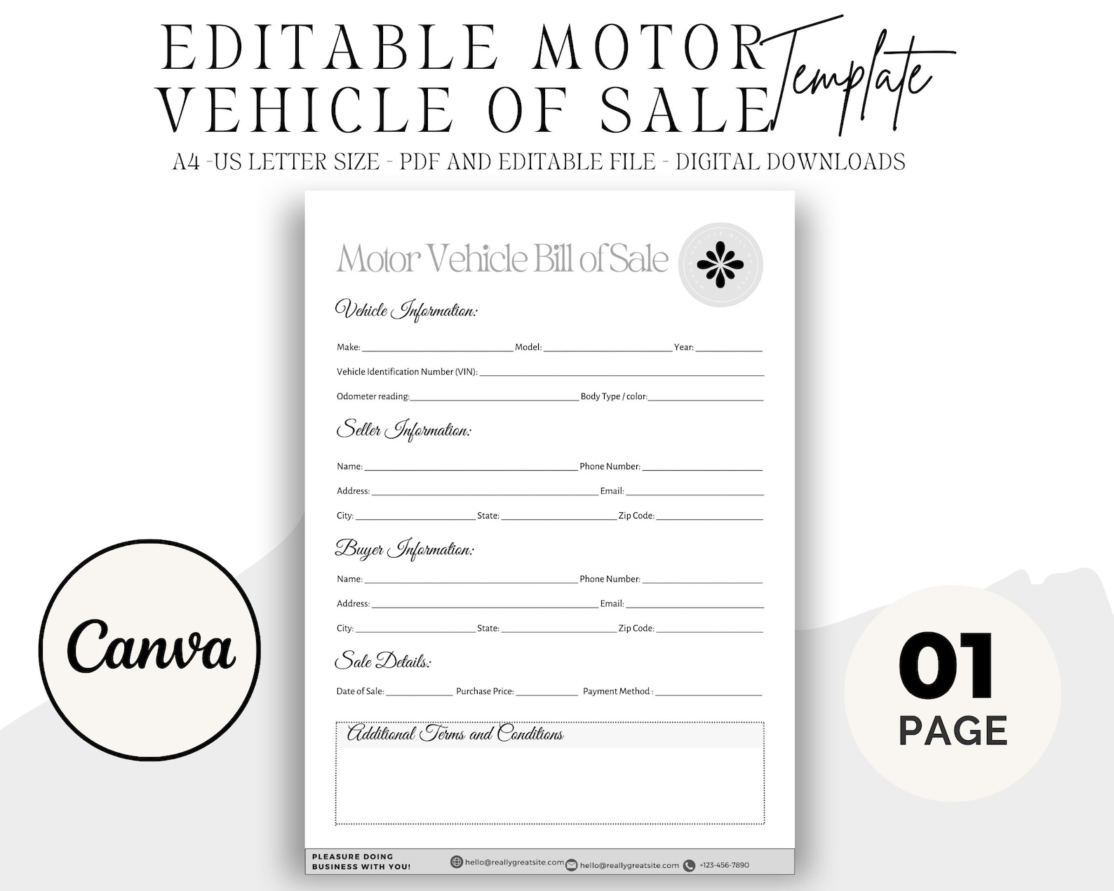 Editable Motor Vehicle Bill of Sale, Motor Vehicle Sale Contract