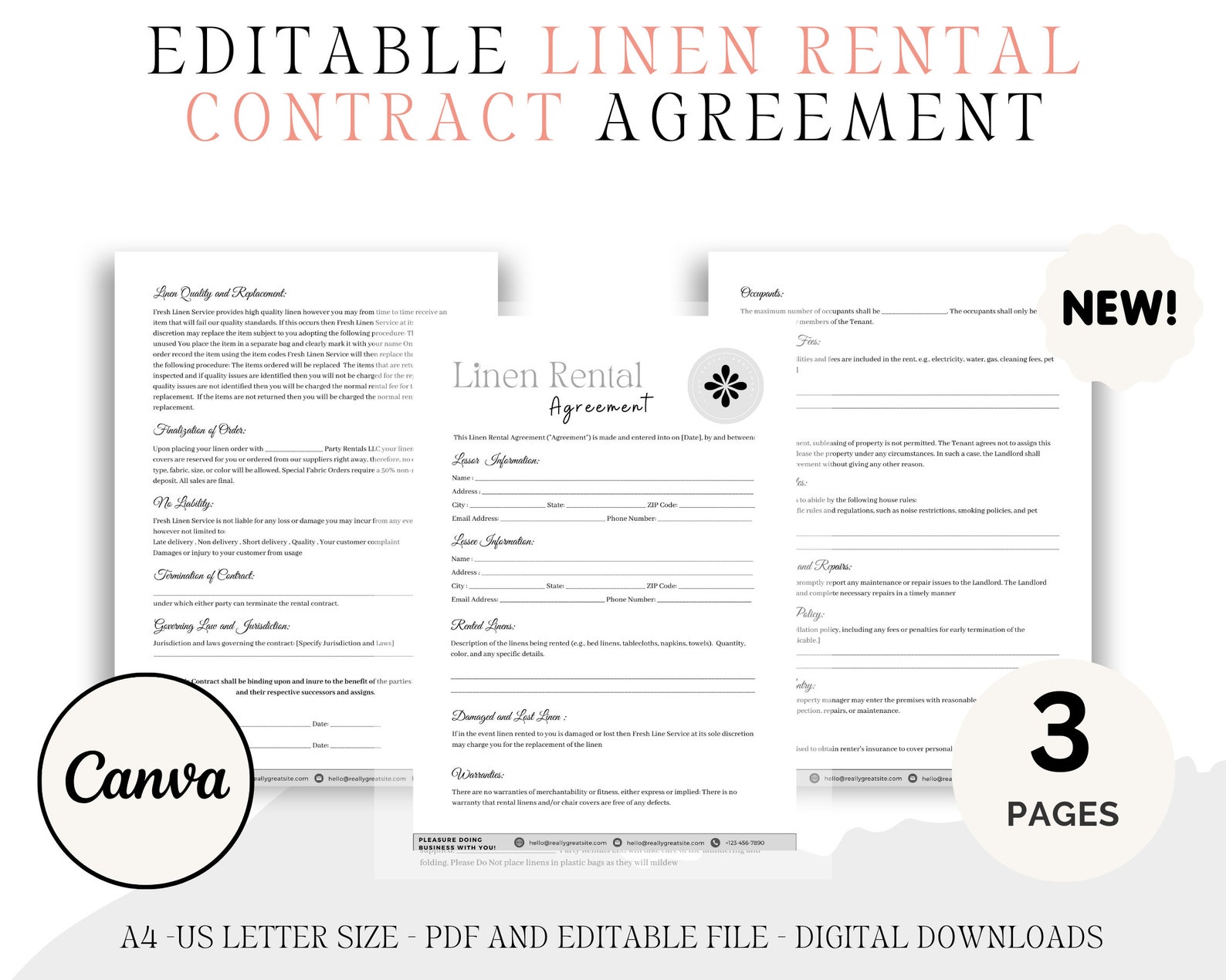 Linen Rental Contract Agreement, Editable Template, Instant Download Etsy