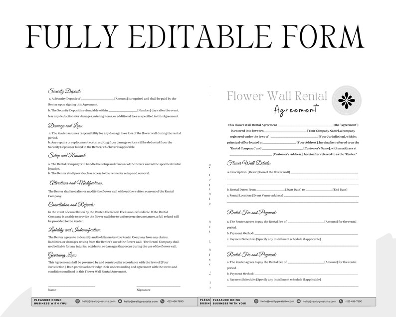 Flower Wall Rental Contract, Flower Wall Rental Agreement, Editable