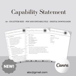 Puede incluir: Una descarga digital de una plantilla de Declaración de Capacidades en tamaños A4 y US Letter. El documento está disponible como PDF y archivo editable. El diseño incluye el texto "Capability Statement" y el logotipo de Canva.
