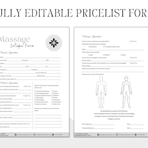 May include: A black and white printable massage intake form with sections for personal information, medical information, and massage information. The form includes a body diagram for clients to circle areas of discomfort.
