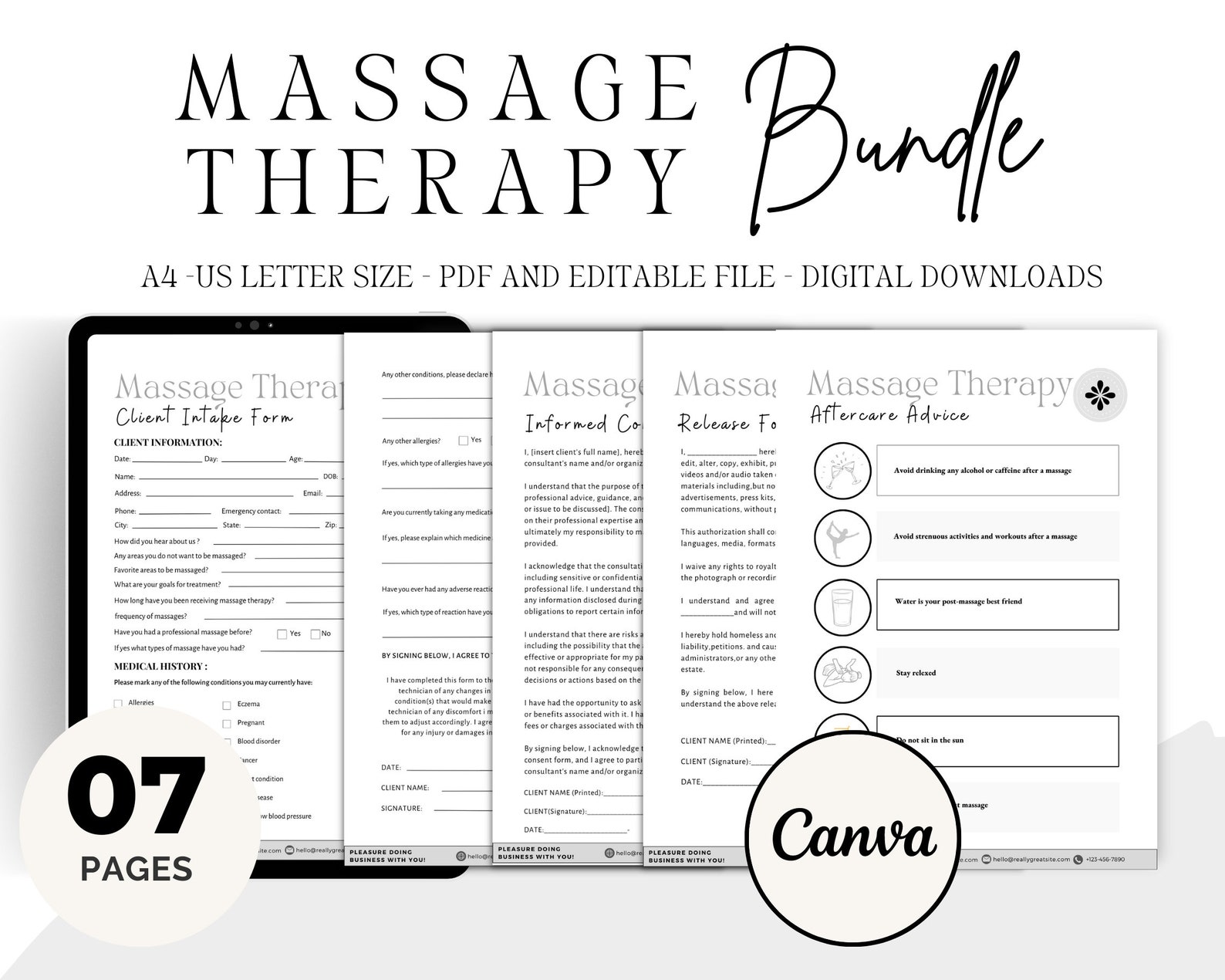 Professional Massage Intake Form Bundle Canva Editable, Massage Therapy