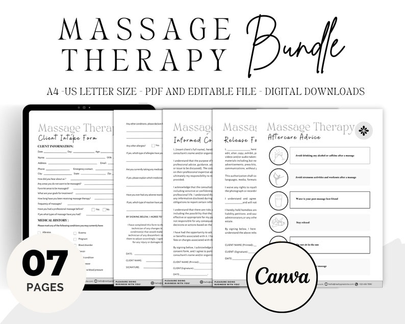 Professional Massage Intake Form Bundle Canva Editable, Massage Therapy Forms, Massage Therapist