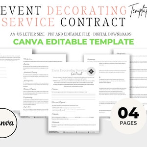 Contratto per servizi di decorazione per eventi, contratto di servizio al cliente, moduli di pianificazione eventi modificabili, noleggio di attrezzature per decorazioni per matrimoni, modello Canva
