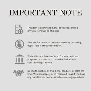 May include: Important note: This item is a digital download, not a physical product. Files are for personal use only, and reselling or sharing is prohibited. This template is for informational purposes only and does not constitute legal advice. All sales are final, so please contact us with any questions before purchasing.