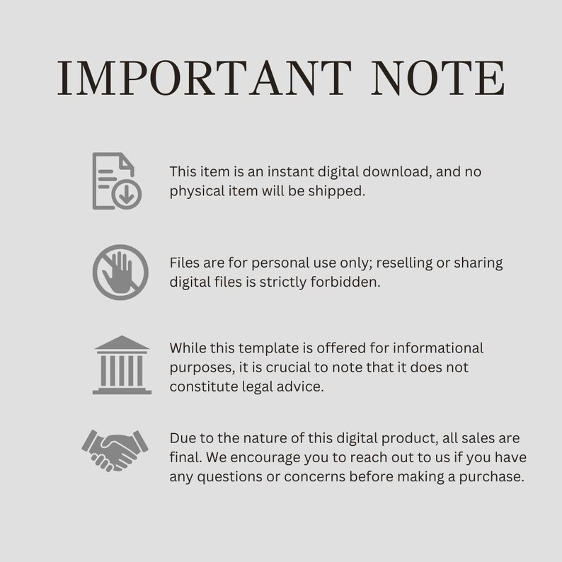 May include: Important note: This item is a digital download, not a physical product. Files are for personal use only, and reselling or sharing is prohibited. This template is for informational purposes only and does not constitute legal advice. All sales are final, so please contact us with any questions before purchasing.