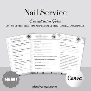 Peut inclure: Trois formulaires de consultation de service de manucure blancs avec le texte "Nail Service Consultation Form". Les formulaires comprennent des sections pour les informations sur le client et les antécédents médicaux. L'image comprend également le texte "A4 - US LETTER SIZE - PDF AND EDITABLE FILE - DIGITAL DOWNLOADS".