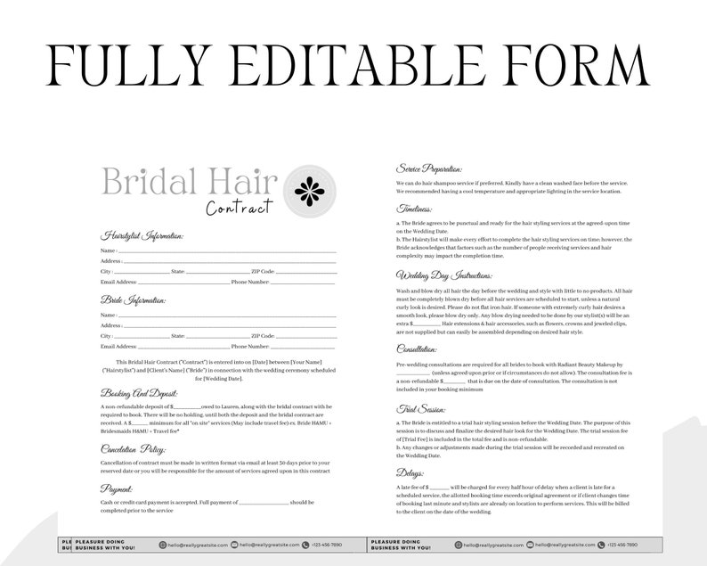 Bridal Hair Contract Bundle, Editable Wedding Contract Forms Template ...