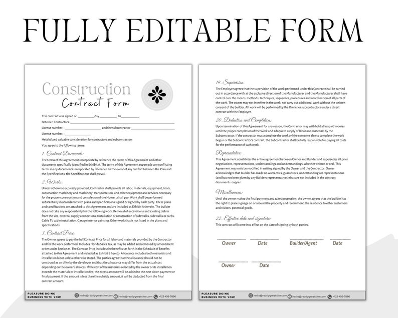 Editable construction contract agreement template contractor contract