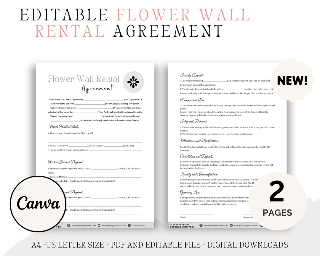 Flower Wall Rental Contract, Flower Wall Rental Agreement, Editable