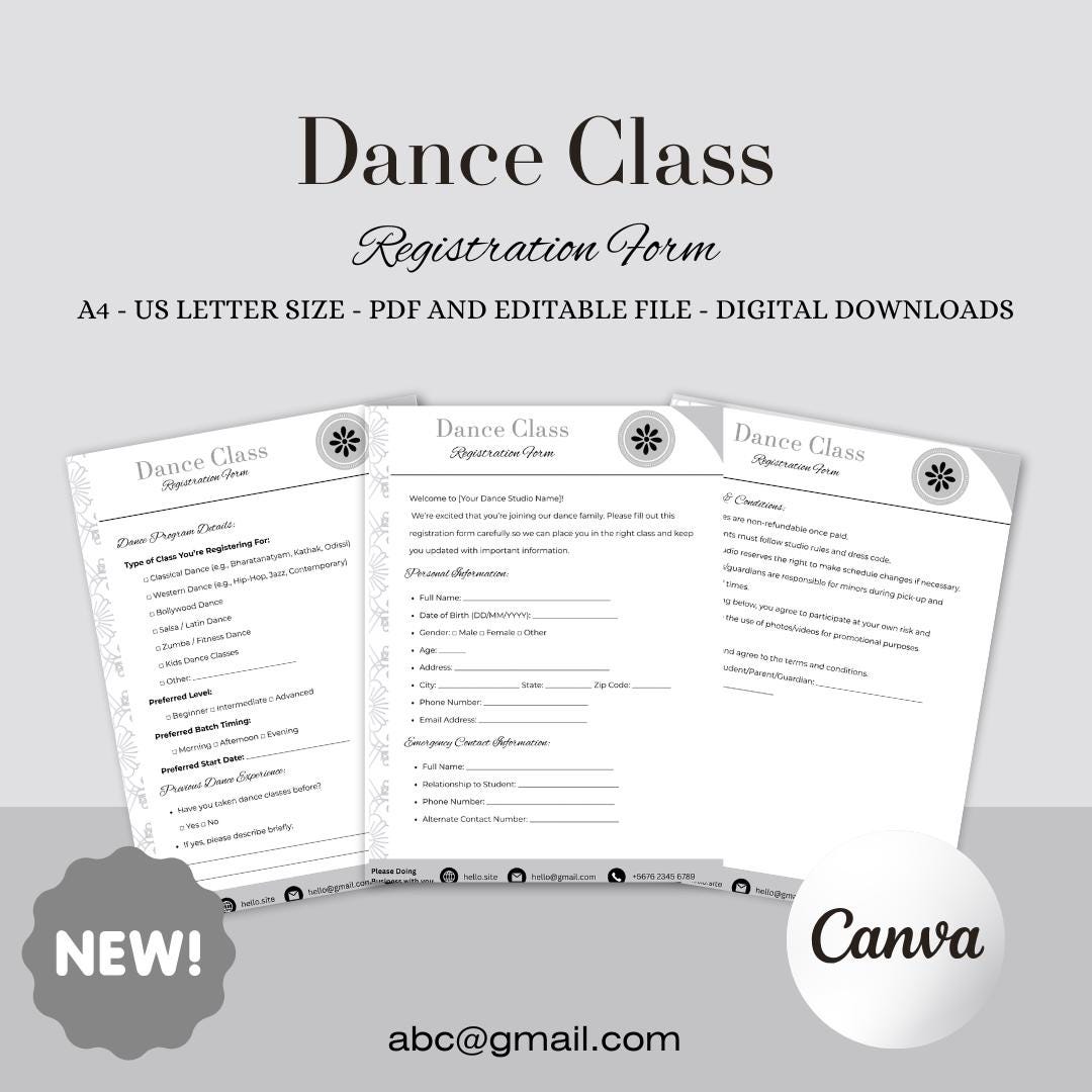 Dance Class Registration Form Canva Template, Editable Dance Studio ...