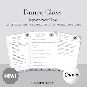 May include: A digital dance class registration form, available as a PDF and editable file. The form is in A4 and US Letter sizes. The design includes floral elements and the text "Dance Class Registration Form".