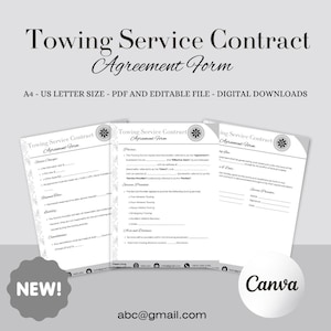 May include: A digital download of a Towing Service Contract Agreement Form. The document is in A4 and US Letter size, and is a PDF and editable file. The image includes the text "NEW!" and the Canva logo.