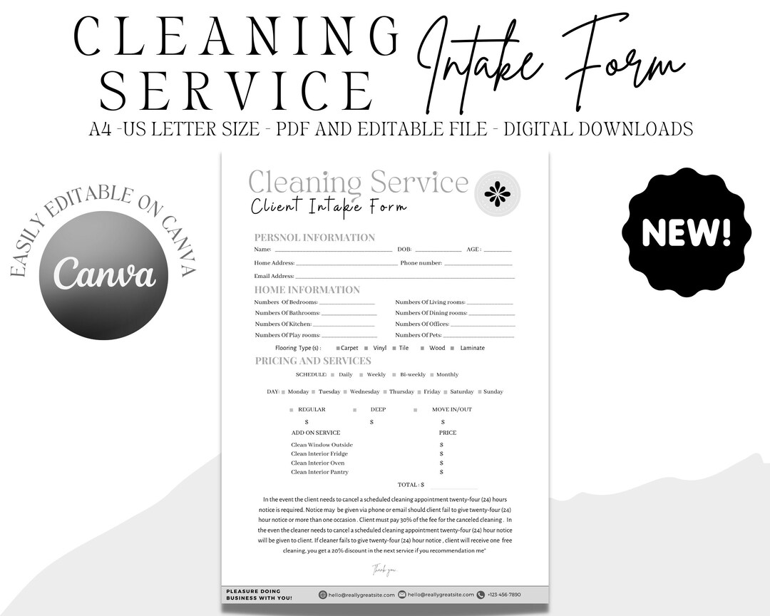 Professional Cleaning Service Intake Form, Editable Cleaning Contract