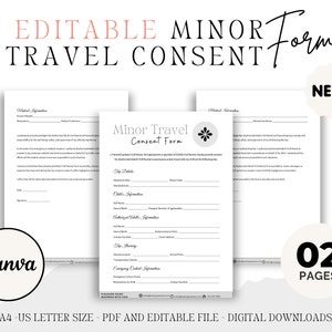Formulario de consentimiento de viaje para menores editable, formulario de autorización de viaje para niños, plantilla legal, Canva editable, formulario de permiso de viaje para niños