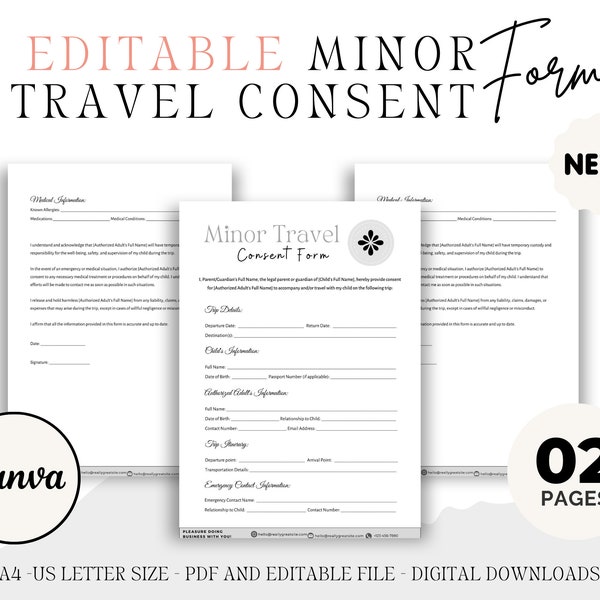 Editable Minor Travel Consent Form, Child Travel Authorization Form, Legal Template, Canva Editable, Child Travel Permission Form