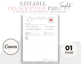 Editable Prescription Pad Template, Medical Prescription, Prescription Design, Prescription Notepad, Doctor Prescription, Doctor Template