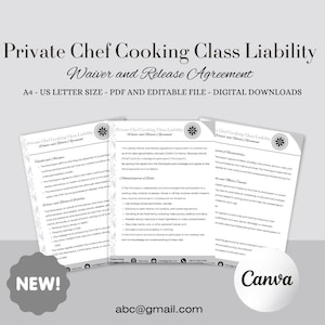 May include: A digital download of a Private Chef Cooking Class Liability Waiver and Release Agreement. The document is A4 and US Letter size, in PDF format, and is editable. The image includes the text "NEW!" and the Canva logo.