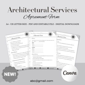 May include: Three Architectural Services Agreement Forms are shown, with the title clearly visible. The forms are white with black text, and the words "Agreement Form" are in a decorative script. The image also includes the text "A4 - US LETTER SIZE - PDF AND EDITABLE FILE - DIGITAL DOWNLOADS."